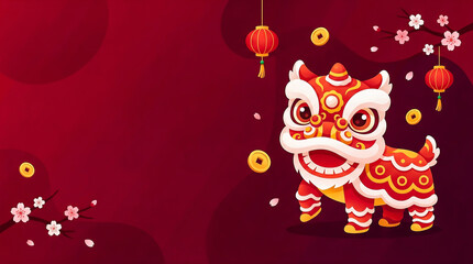 Cute Lion Dance Lunar New Year Illustration With Copy Space