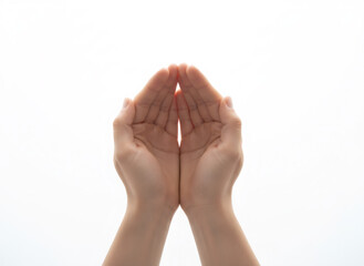 Woman cupping her hands together to hold or receive something on a white background. Concept for protection, giving, or an empty space to add an item.