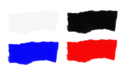 Collection of four vibrant torn paper pieces with halftone dot patterns isolated on a transparent background vector illustration