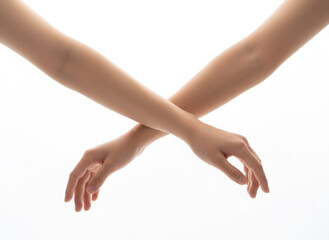 Crossed arms of two asian women on white background with copy space. Concept of interaction, connection, unity, or rejection.