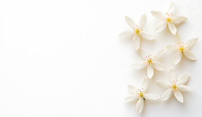 Obraz premium Beautiful arrangement of five cream colored jasmine flowers, showcasing delicate petals and vibrant yellow centers, evokes sense of tranquility