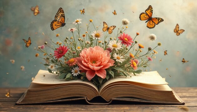 Opened book with flowers blooming. Butterflies fly around. Concept of knowledge, spring, learning. Book with plants, art illustration. Floral composition, flying insect in dreamy fairytale world.
