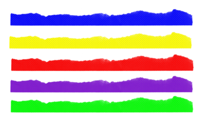 Assorted torn paper strips blue yellow red purple and green with subtle halftone pattern on a grey checkered transparent background
