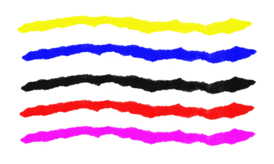 Collection of torn paper fragments yellow blue black red and magenta with dot pattern overlay on transparent checkered background