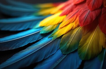 Obraz premium Close up vibrant feathers. Macaw plumage displays vivid colors blue red yellow and green. Exotic bird wing texture art illustration. Nature pattern concept. Feathers background. Parrot close up.