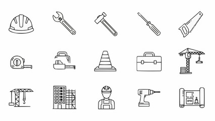 Collection of construction tools and equipment icons.