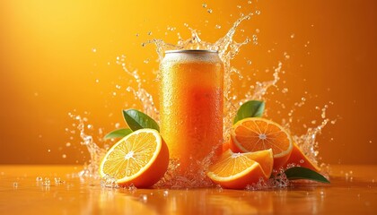 Illustration of orange soda can with citrus explosion. Fresh orange juice splash and slices on table. Refreshing drink concept. Ideal for food beverage design materials.