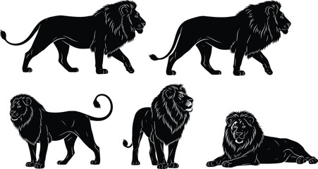 Collection of majestic lion silhouettes featuring walking, standing and resting poses with detailed mane artwork for wildlife illustration and design projects © Love999