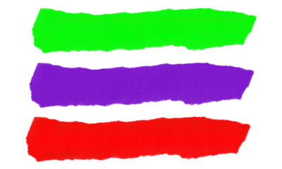 Set of three colorful torn paper banners with jagged edges isolated on transparent background for graphic design and scrapbooking projects