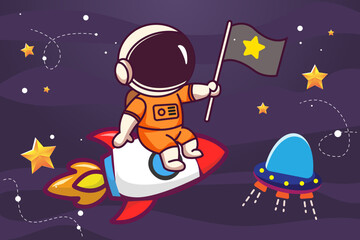 Vector Space Background with Astronaut and UFO