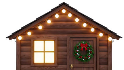 Cozy Cabin with Christmas Wreath and String Lights