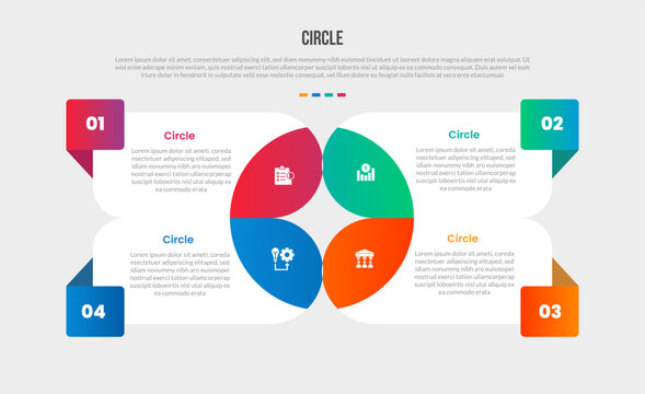 Circle base shape infographics gradient template diagram with quadrant matrix structure with round square badge on each side with 4 point step creative