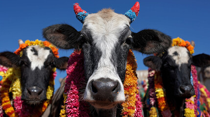 Mattu Pongal Ritual, Group of traditionally decorated cows symbolizing gratitude and abundance during Mattu Pongal festival