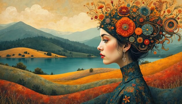 Beautiful woman wears floral crown, patterned dress stands near lake. Art illustration mixes elegance with nature. Portrait evokes serenity, charm. Elegant profile poses in tranquil landscape. Serene