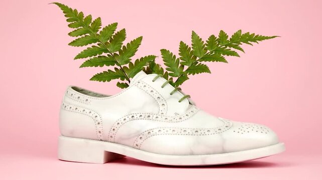 A surreal scene shows a white marble brogue shoe with absurdly green fern growing out, evoking silliness.