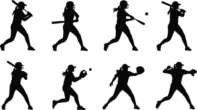 Female baseball player silhouettes, girl softball athlete hitting bat and catching ball, sports action poses set, isolated black vector illustration on white background