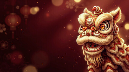 Chinese Lion Dance Illustration with Red Background and Copy Space