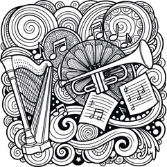 Fototapeta premium Ornate black and white doodle illustration with harp, trumpet, and musical notes among swirling psychedelic patterns for creative music festival branding.