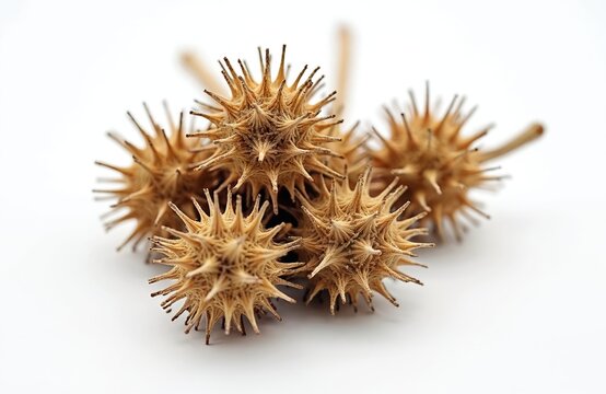 Dry gokhuru fruits close up on white background. Spiky Tribulus terrestris seeds used in herbal medicine, ayurveda. Natural health, traditional remedies ingredient for supplements, wellness.