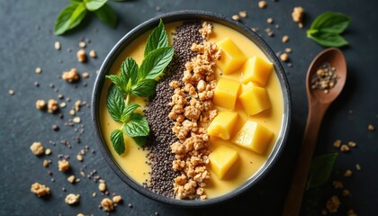 Top view smoothie bowl. Mango cubes granola chia seeds mint leaves adorn surface. Tasty breakfast snack concept. Food presentation. Healthy eating trend. Vegan dietary nutrition. Delicious dessert.