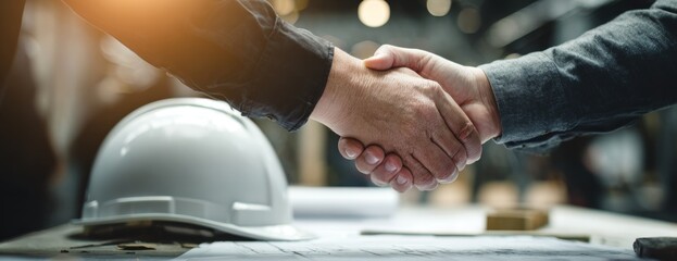 Hands shaking over construction plans with safety helmet on table  