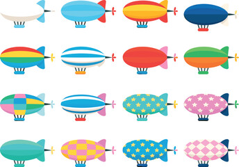 Colorful Cartoon Blimp and Airship Vector Icon Set Isolated on White Background for Travel Transportation Festival Celebration and Aviation Design © Ponkaj Creatives