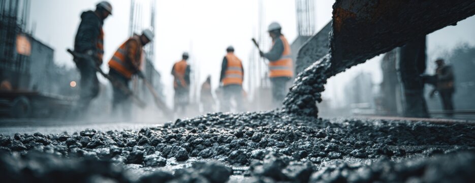 Construction workers pouring concrete on site during cloudy weather   - Powered by Adobe