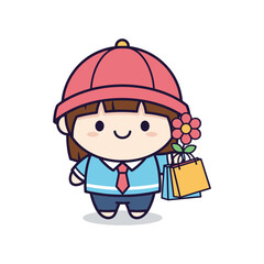 Cartoon Girl Shopping with Flower Bags