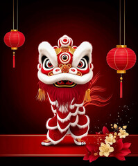 Chinese New Year Lion Dance 3D Character Red Background