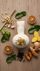 Herbal Medicine Ingredients on Wooden Table.