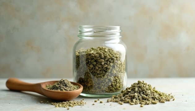 Glass jar holds dried Leonurus cardiaca herb, along with wooden spoon containing loose herb. Light backdrop. Concept of natural wellness, herbal medicine, organic ingredients, traditional cookery,