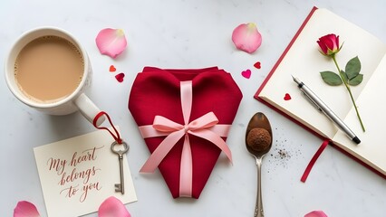 Romantic flat lay with coffee, rose, heart-shaped gift, and love note for Valentine’s Day celebration.