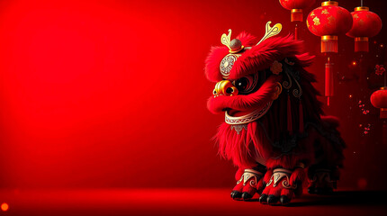 Chinese New Year Lion Dance 3D Illustration Red Background Copy Space
