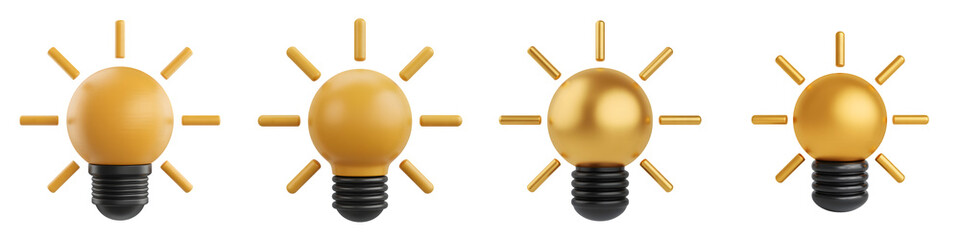 Four golden light bulbs in a row with rays isolated on transparent background