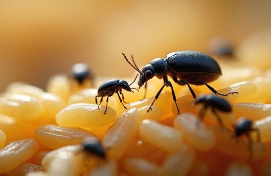 Close up shot shows rice grains with beetles. Macro photo details grain texture, insect anatomy. Focus on pests feeding, illustrates food supply issues. Damage from infestations in agriculture shown.