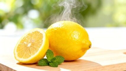Fresh Lemons With Green Leaves On Wooden Table