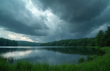 Obraz premium Scenic photo shows lake reflecting overcast sky and green trees. The tranquil water mirrors the dramatic clouds. Rich grass grows along the shore.
