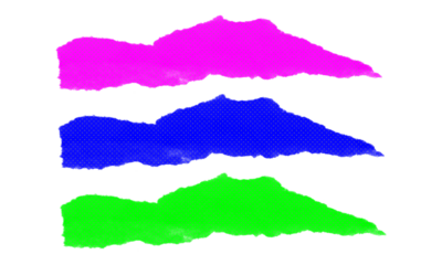 Set of three vibrant torn paper strips in magenta blue and green colors with realistic rough edges and halftone pattern for creative design