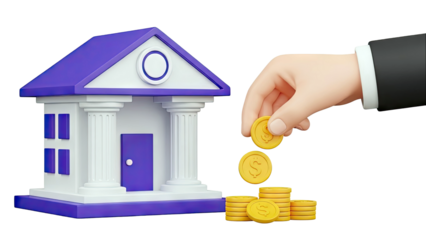 3D Cartoon Bank Building with Hand Depositing Coins