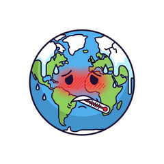 Obraz premium Sick Earth Character with Thermometer, Fever, Global Health Crisis Concept