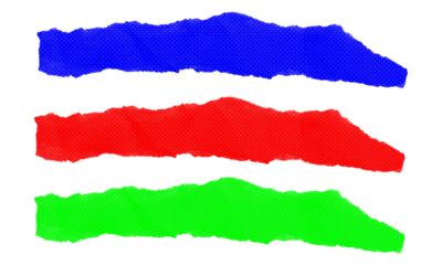 Set of three horizontal torn paper strips with halftone effect and ragged edges, different bright colors on transparent background