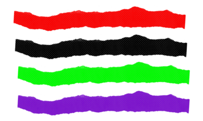 Four long ripped paper strips in red black green and purple colors with halftone dot pattern isolated on transparent background for banners