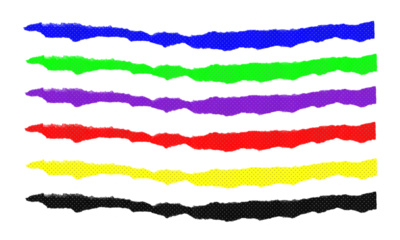 Set of seven horizontal torn paper strips with halftone effect and ragged edges, different bright colors on transparent background
