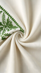 White Fabric with Green Embroidered Leaves.