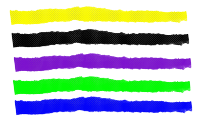 Set of five horizontal torn paper strips with halftone effect and ragged edges, different bright colors on transparent background