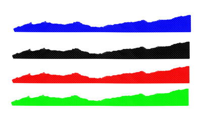 Obraz premium Diagonal torn paper borders with straight bottom edges and halftone textures in blue black red and green on transparent background vector