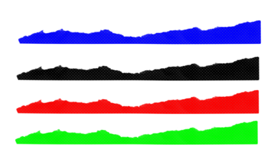 Diagonal torn paper borders with straight bottom edges and halftone textures in blue black red and green on transparent background vector
