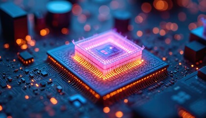 Close-up view of glowing computer chip on circuit board. Microprocessor data processing. Futuristic technology and innovation concept. Digital network.