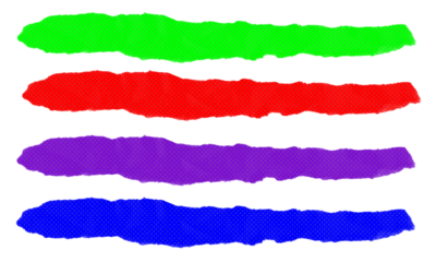 Horizontal torn paper banners with halftone texture in green red purple and blue colors isolated on gray transparent checker background kit