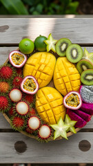 Fresh Tropical Fruits on Wooden Table.